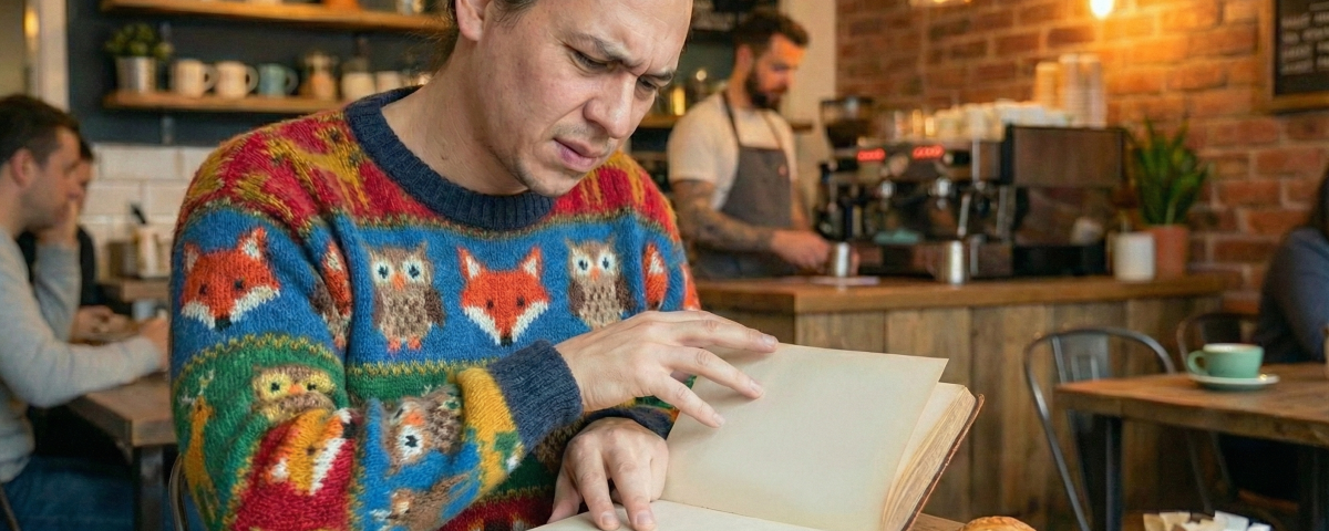 Man looking at empty book